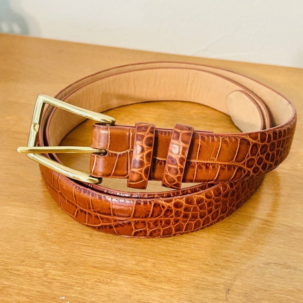 Men's Italian Made Croc-Embossed Leather Belt in Cognac Brown